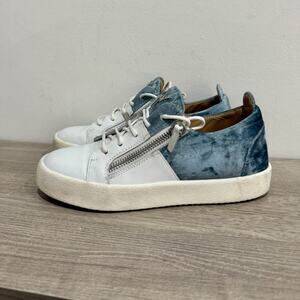Giuseppe Zanotti Girlhood Leather Velvet Trim Sneaker White/Light Blue Size 40